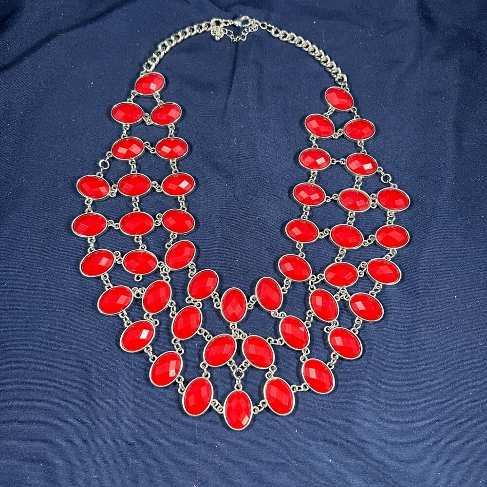Silver Tone Red Faceted Statement Necklace Bold Fashion Jewelry Womens Accessori